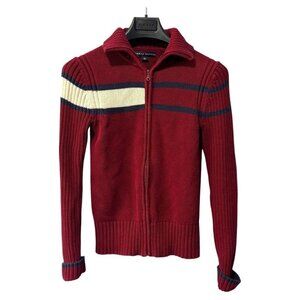 Tommy Hilfiger Full-Zip Sweater Mens Size small Red With‎ Navy Stripe Cotton